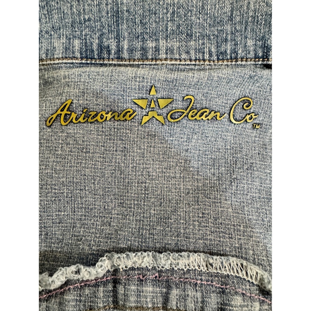 Arizona Jean Co Blue Denim Jacket Pink Contrast Stitching Cinch Back Rhinestone - Picture 9 of 9